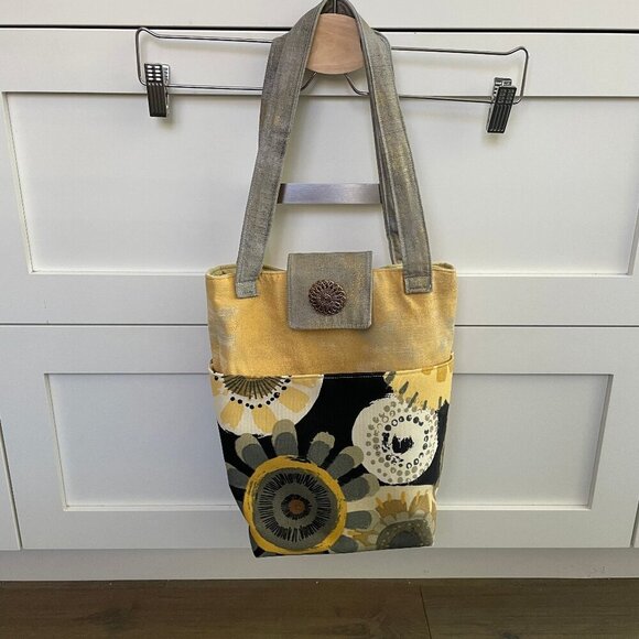 Hand Crafted Fabric Abstract Floral Print Tote Bag w Pockets Yellow Grey Blk - Picture 1 of 12